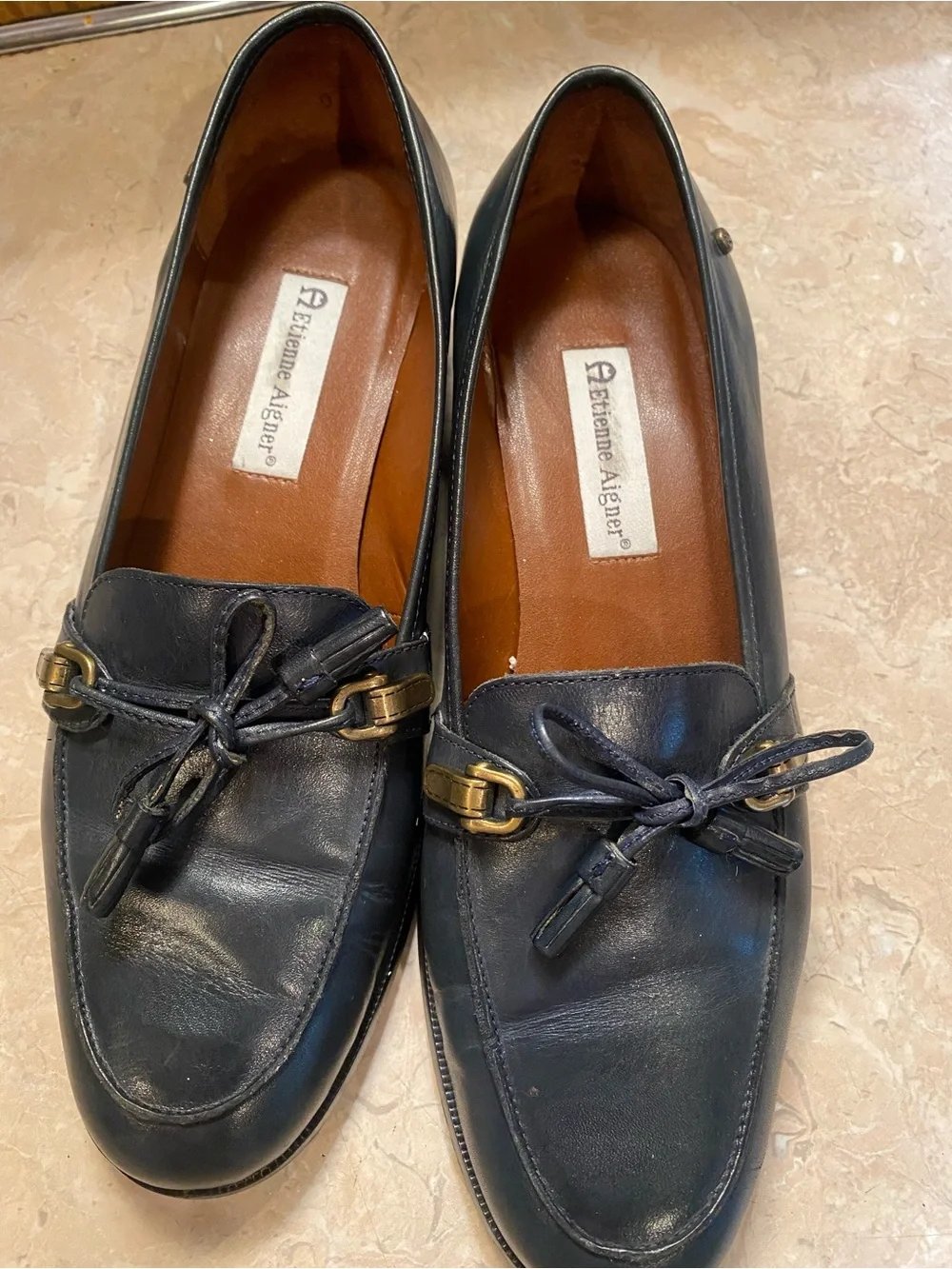 Etienne Aigner Navy Leather Tassel Loafers with Gold Bit